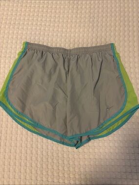 Nike Women's Light Gray Athletic Shorts with Lime and Teal Trim XL